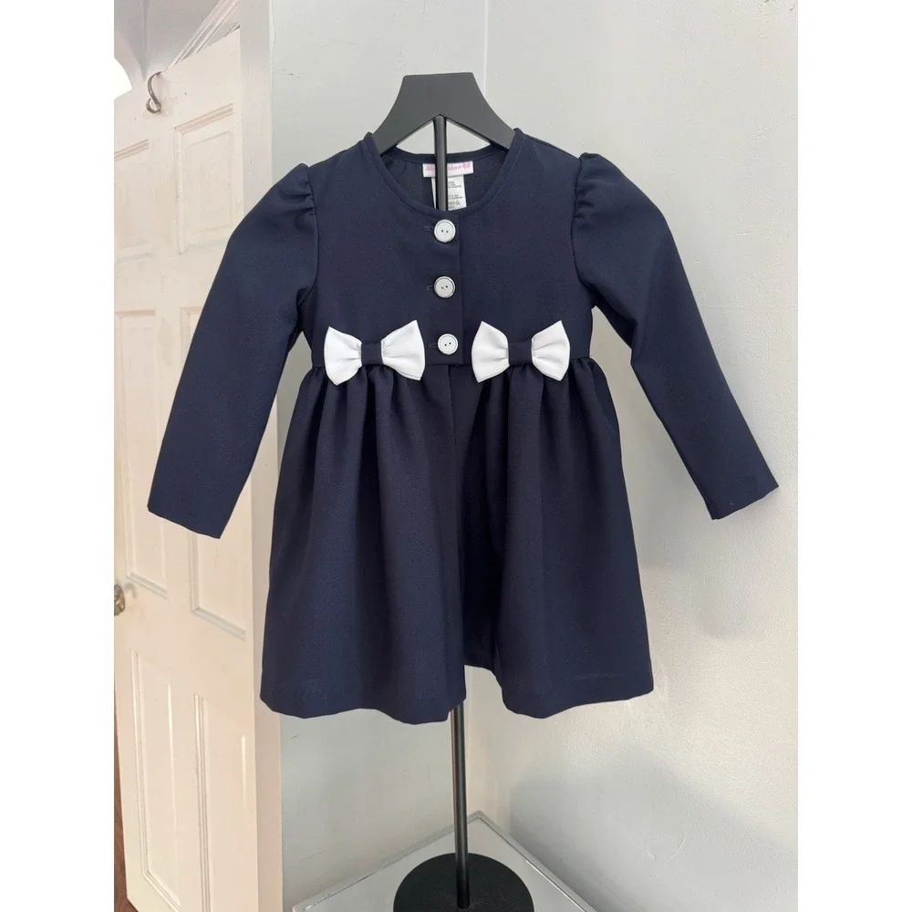 Bonnie Jean Navy Blue Long Sleeve Baby Girl Jacket‎ with White Bows Button Sz 5